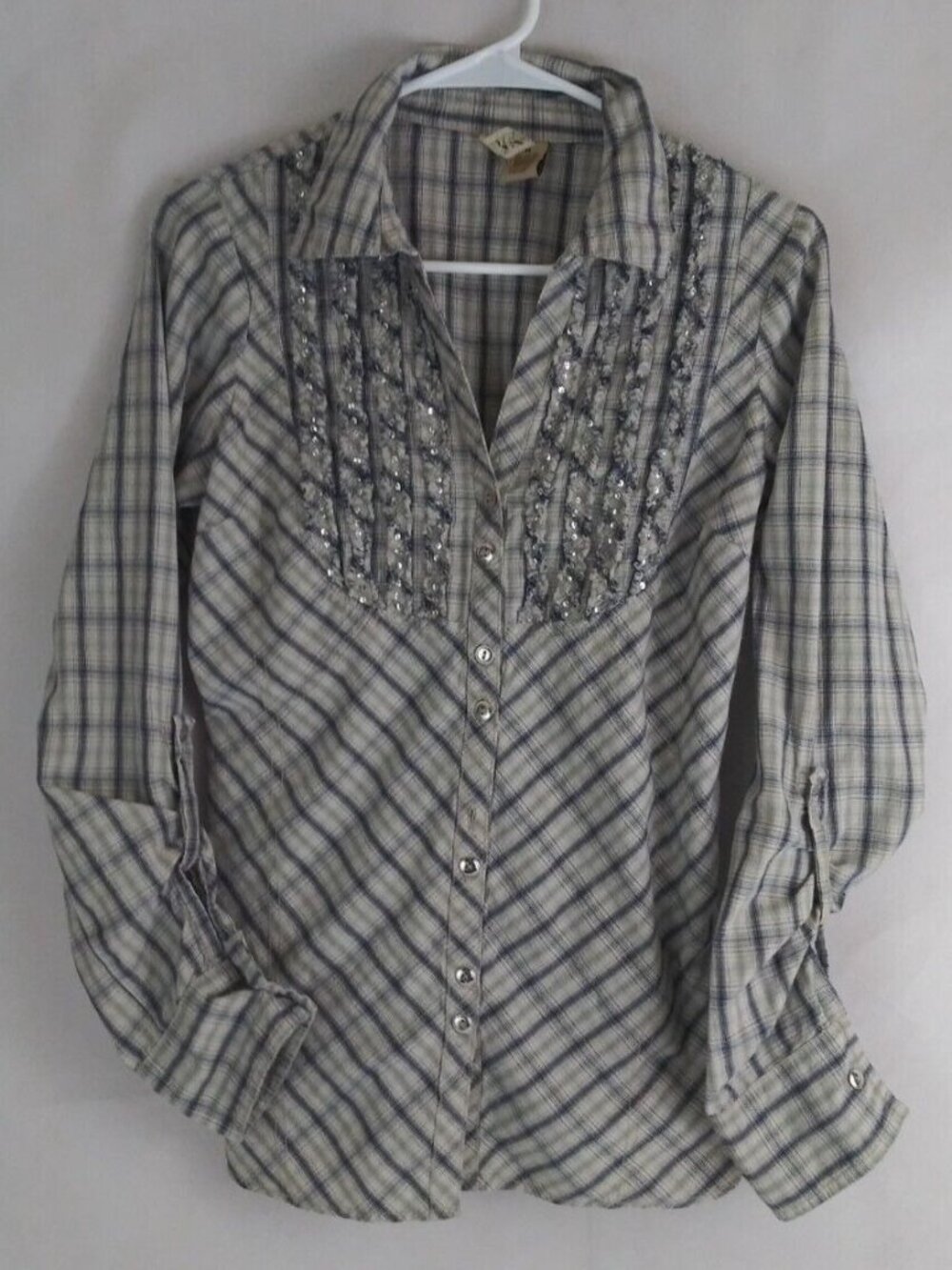 BKE Sequined Ruffled Gathered Roll Tab Long Sleeve Button Up Shirt Size Medium